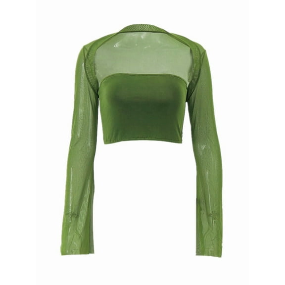 Women'S Two Piece Sets Mesh Long Sleeve Corset Top Trendy Y2K Square Neck Going Out Bustier Crop Shawl Tops Green M