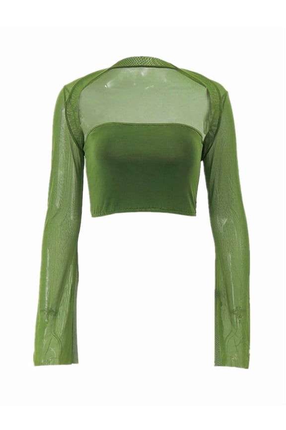 Women'S Two Piece Sets Mesh Long Sleeve Corset Top Trendy Y2K Square Neck Going Out Bustier Crop Shawl Tops Green S