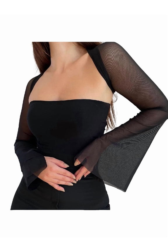 Women'S Two Piece Sets Mesh Long Sleeve Corset Top Trendy Y2K Square Neck Going Out Bustier Crop Shawl Tops