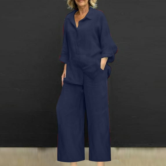 Women'S Two Piece Sets Spring And Summer Solid Color V-Neck Loose Lapel Long Sleeved Shirt Wide Leg Pants Color Set Dark Blue S