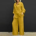 thumbnail image 1 of Women'S Two Piece Sets Spring And Summer Solid Color V-Neck Loose Lapel Long Sleeved Shirt Wide Leg Pants Color Set Yellow XXXL, 1 of 6