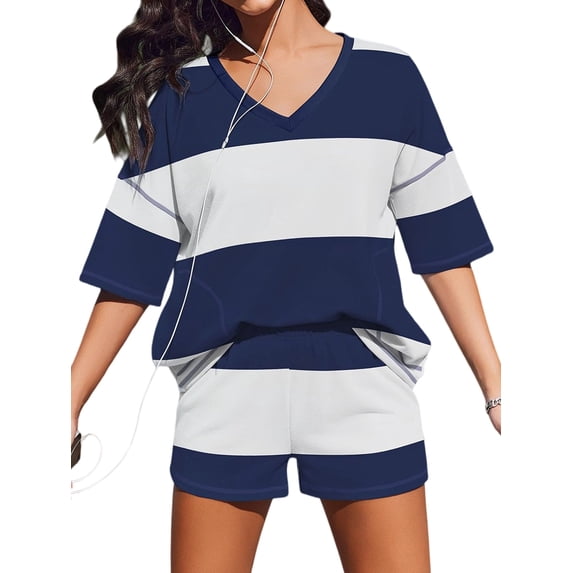 Women'S Two Piece Sets Summer Lounge Sets Striped Shirts and Shorts Set Oversized Matching Outfit Navy Blue & White M