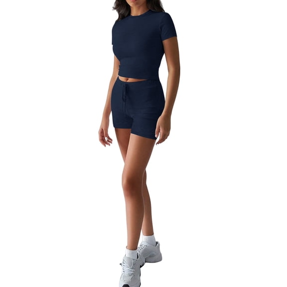 Women'S Two Piece Sets Summer Slim Fitted Short Sleeve Tops Foldover Shorts Matching Lounge Sets Dark Blue L