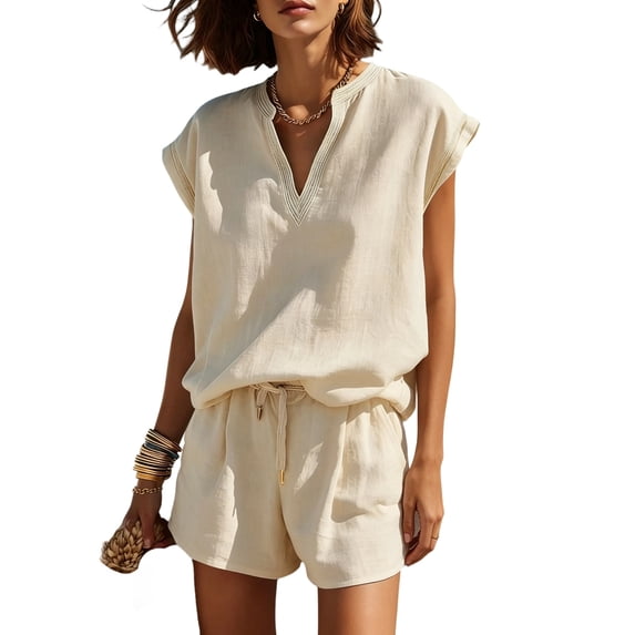 Women'S Two Piece Sets Summer V Neck Sleeveless Shorts Set Cream White XXL