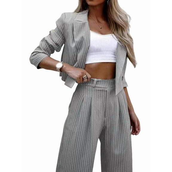 Women'S Two-Piece Suit Jacket Striped Cropped Lapel Suit Jacket High Waist Wide Leg Work Pants Business Suit Grey L