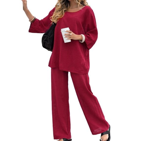 Women'S Two-Piece Suit Round Neck Basic Top Wide-Leg Pants Suit Dark Red L