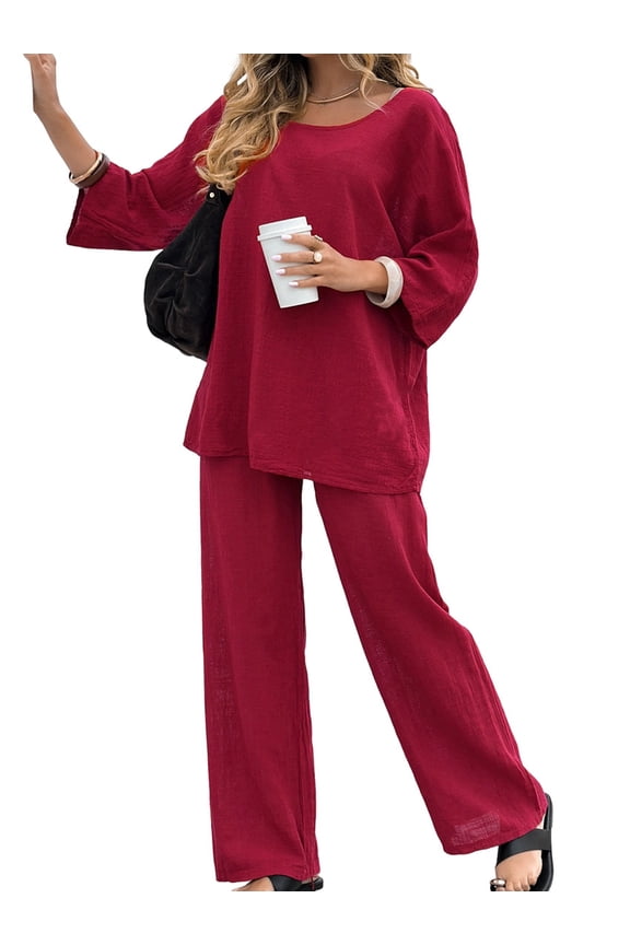 Women'S Two-Piece Suit Round Neck Basic Top Wide-Leg Pants Suit Dark Red L