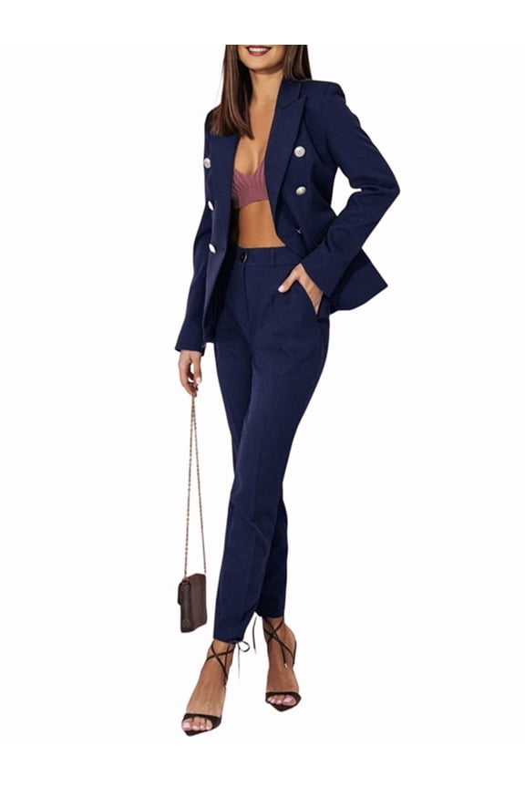 Women'S Two Piece Suits - Business Blazer Pants Suit Set, Professional Work Outfit for Office Blue M
