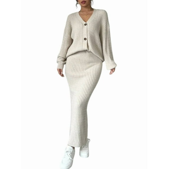 Women'S Two-Piece Sweater Set Knitted Long-Sleeved Button-Down Coat Top Slim-Fit Maxi Skirt Autumn Clothing M