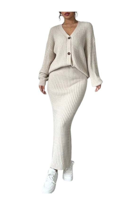 Women'S Two-Piece Sweater Set Knitted Long-Sleeved Button-Down Coat Top Slim-Fit Maxi Skirt Autumn Clothing S