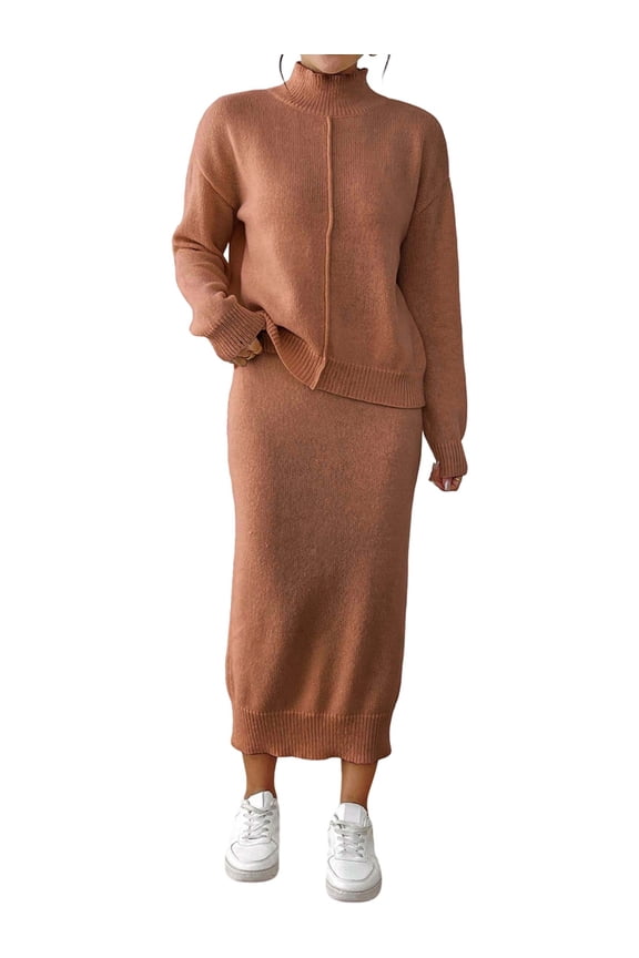 Women'S Two Piece Sweater Skirt Sets Knit Sweater Top Bodycon Skirt 2 Piece Outfits Coffee M