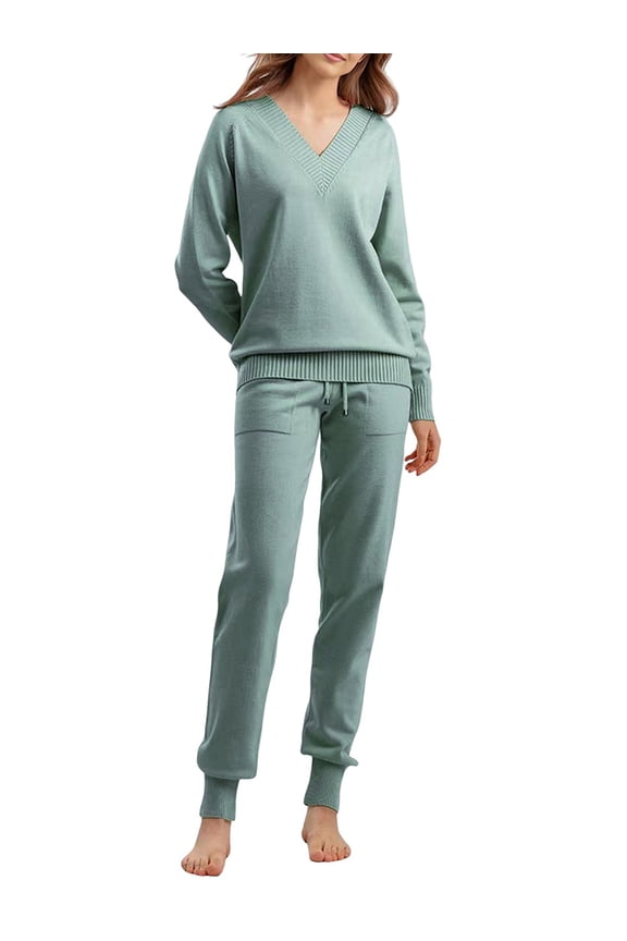 Women'S V Neck 2 Piece Sweater Set Pullover Casual High-Waisted Knit Set Sweatsuits Green One size