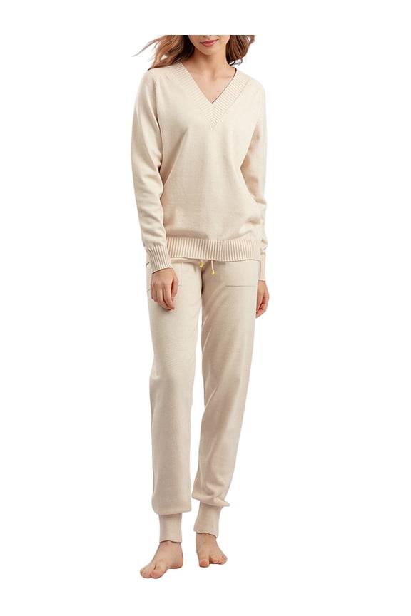 Women'S V Neck 2 Piece Sweater Set Pullover Casual High-Waisted Knit Set Sweatsuits One Size