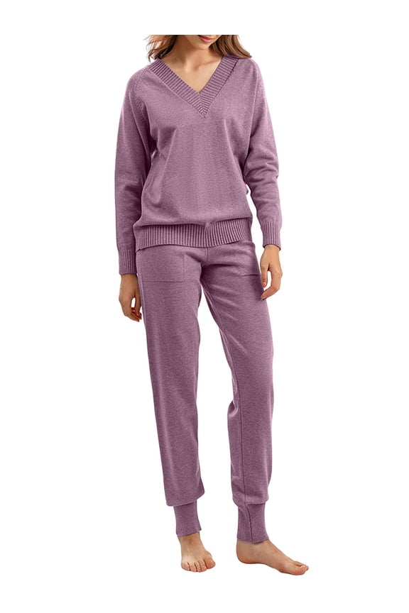 Women'S V Neck 2 Piece Sweater Set Pullover Casual High-Waisted Knit Set Sweatsuits One size