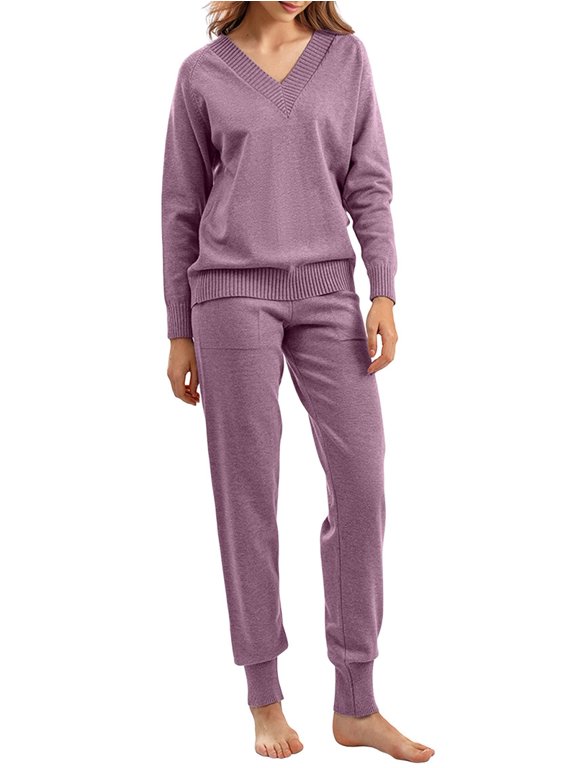 Women'S V Neck 2 Piece Sweater Set Pullover Casual High-Waisted Knit Set Sweatsuits One size