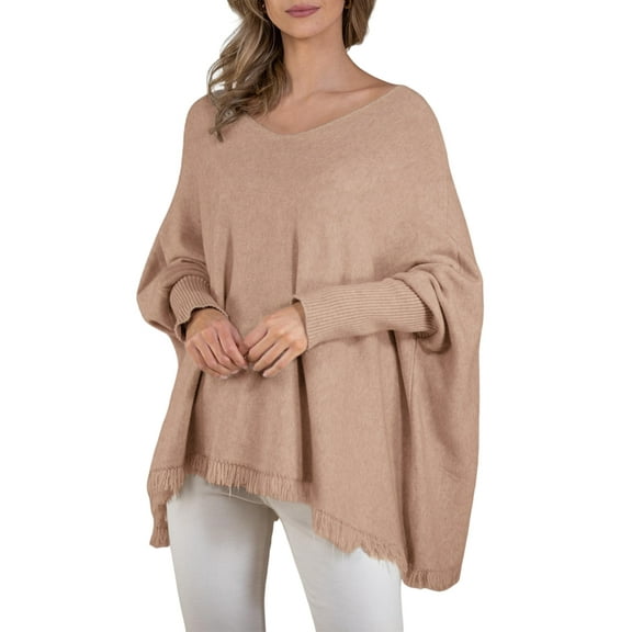 Women'S V-Neck Batwing Sleeve Casual Fringed Hem Oversized Knit Poncho Sweater Khaki L/XL