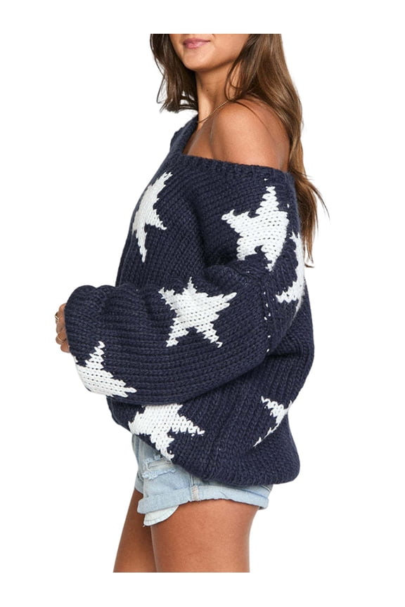 Women'S V-Neck Batwing Sleeve Long Sleeve Off-the-Shoulder Sweater Star Print Knitted Pullover Navy Blue L
