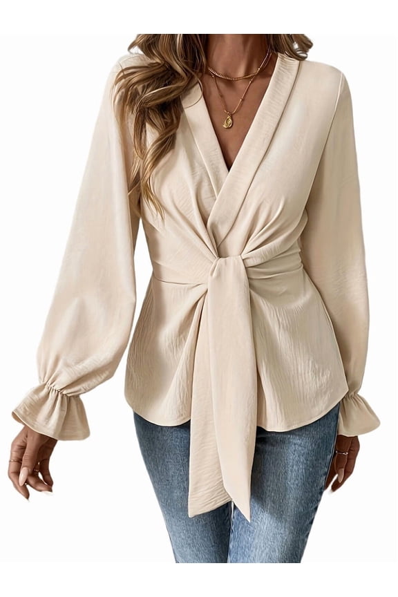 Women'S V Neck Bell Sleeve Blouses Top Knot Front Wrap Ruffle Hem Blouses XXL