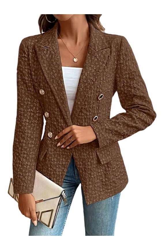 Women'S V Neck Blazer Double Breasted Long Sleeved Lapel Blazer Workplace Business Work Suit Brown XXL