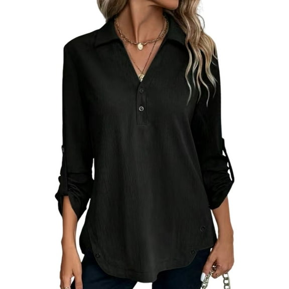 Women'S V-Neck Button-Down Long-Sleeved Tops Spring and Autumn Loose Solid Color Fashion Shirts Black L