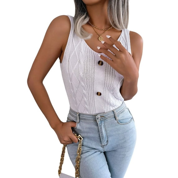 Women'S V Neck Buttons Knit Tank Tops Summer Casual Sleeveless Shirts Sweater Vest White L