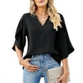 thumbnail image 1 of Women'S V Neck Chiffon 3/4 Ruffled Sleeve Loose Blouse Tops Black S, 1 of 3