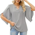 thumbnail image 1 of Women'S V Neck Chiffon 3/4 Ruffled Sleeve Loose Blouse Tops Gray XXL, 1 of 4