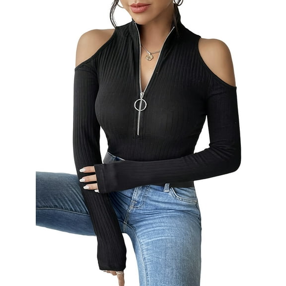 Women'S V-Neck Cold Shoulder Long Sleeve Blouse Shirt Slim Lace-Up Ribbed Stretchy T-Shirt Top Black L