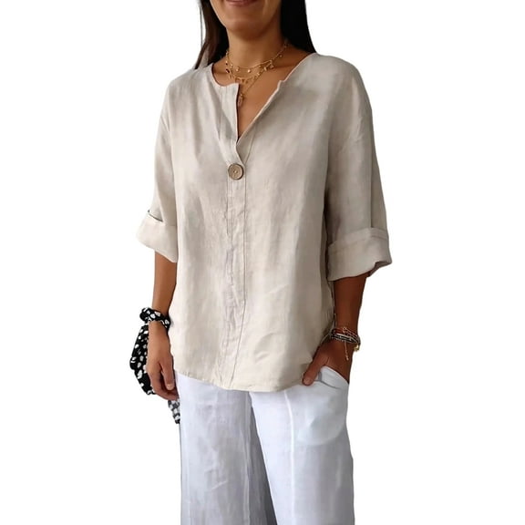 Women'S V-Neck Cotton Linen Shirt 3/4 Roll-Up Sleeve Summer Casual Loose Solid Blouses Tops with Button Apricot S