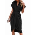 thumbnail image 1 of Women'S V Neck Elegant Dress Irregular Sleeve Solid Color Bodycon Midi Cocktail Gown Black XL, 1 of 7