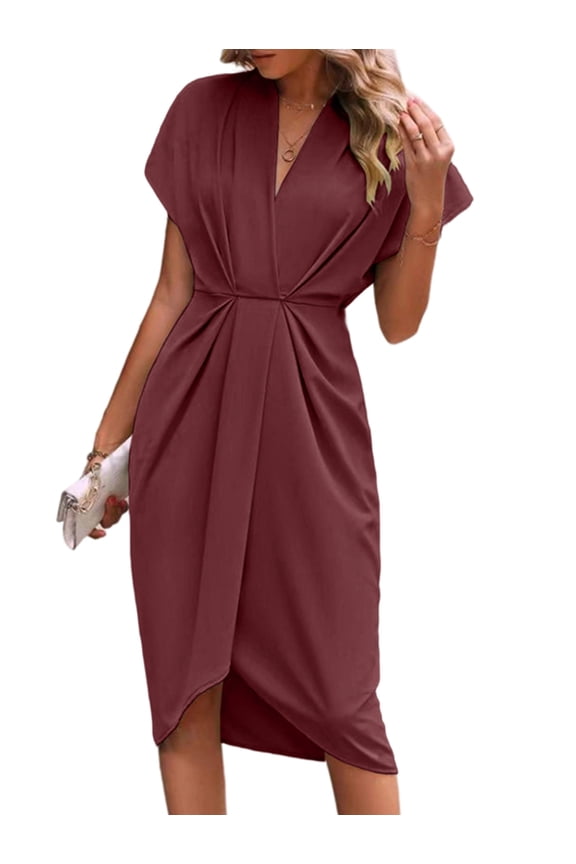 Women'S V Neck Elegant Dress Irregular Sleeve Solid Color Bodycon Midi Cocktail Gown Reddish-Brown S