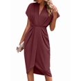 thumbnail image 1 of Women'S V Neck Elegant Dress Irregular Sleeve Solid Color Bodycon Midi Cocktail Gown Reddish-Brown XL, 1 of 8