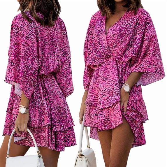 Women'S V-Neck Fashion Print Wavy Sleeve Skirt Dress Summer Spring Floral Boho Dress L