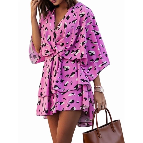 Women'S V-Neck Fashion Print Wavy Sleeve Skirt Dress Summer Spring Floral Boho Dress Pink XXL