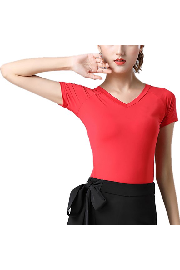 Women'S V Neck Fitted Basic Latin Ballroom Dance Top T-Shirts Raglan Red Short Sleeve