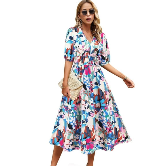 Women'S V Neck Floral Dress Summer 2025 Trendy Pleated Boho Flowy Puff Sleeve Maxi Dress Blue Pink L