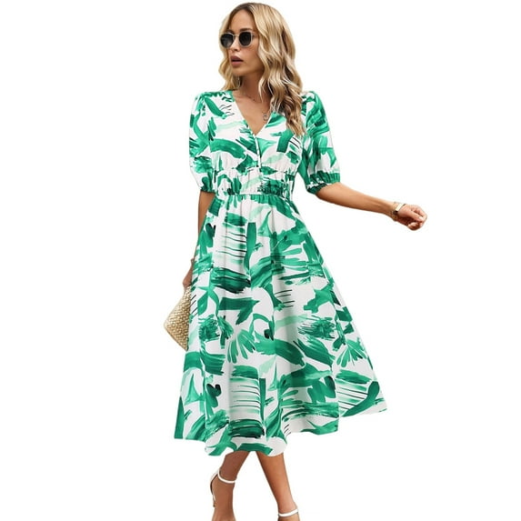 Women'S V Neck Floral Dress Summer 2025 Trendy Pleated Boho Flowy Puff Sleeve Maxi Dress Green XL