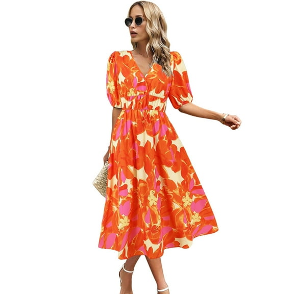 Women'S V Neck Floral Dress Summer 2025 Trendy Pleated Boho Flowy Puff Sleeve Maxi Dress Orange Color M