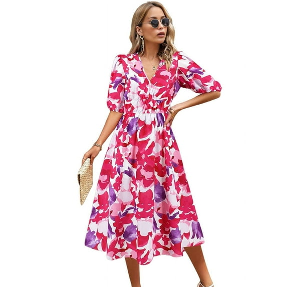 Women'S V Neck Floral Dress Summer 2025 Trendy Pleated Boho Flowy Puff Sleeve Maxi Dress Pink S