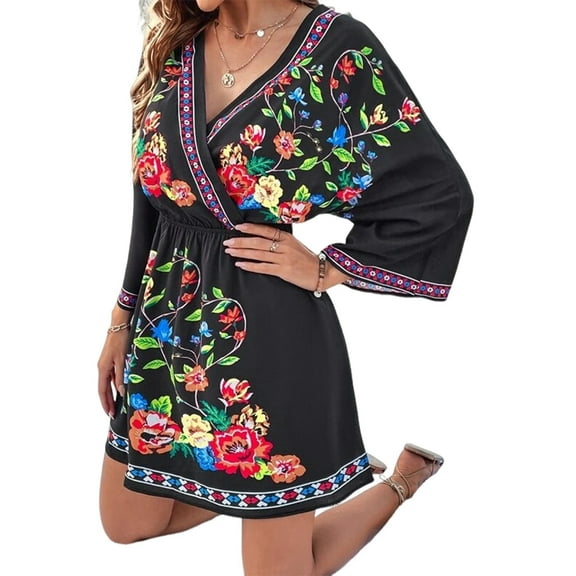 Women'S V-Neck Floral Print Bell Sleeve Elastic Waist Dress Casual Mini Dress Black L