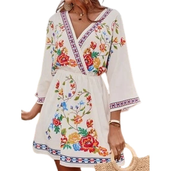 Women'S V-Neck Floral Print Bell Sleeve Elastic Waist Dress Casual Mini Dress White XXL