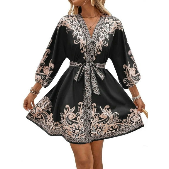 Women'S V-Neck Floral Print Lantern Sleeve Button Up Belt Dress Casual Mini Dress Black XL