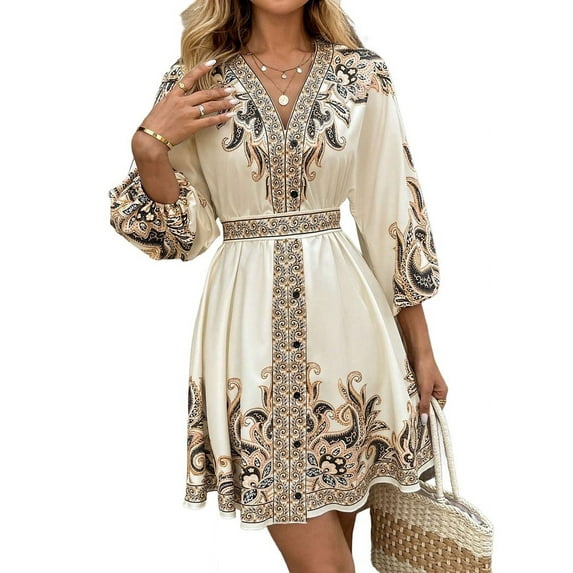 Women'S V-Neck Floral Print Lantern Sleeve Button Up Belt Dress Casual Mini Dress S