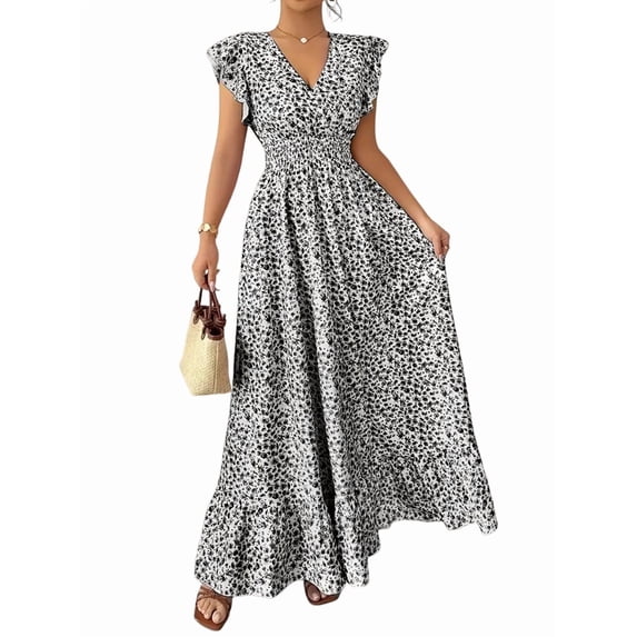 Women'S V Neck Floral Print Maxi Dress with Ruffle Sleeves and Smocked Waist Black L