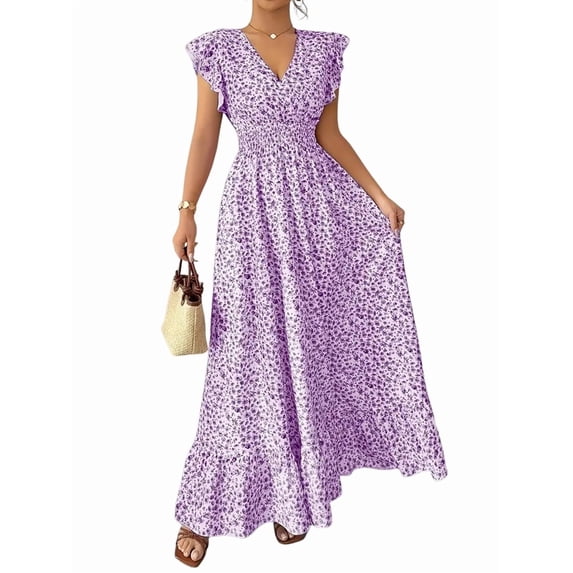 Women'S V Neck Floral Print Maxi Dress with Ruffle Sleeves and Smocked Waist L