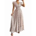 thumbnail image 1 of Women'S V Neck Floral Print Maxi Dress with Ruffle Sleeves and Smocked Waist Light Brown L, 1 of 7