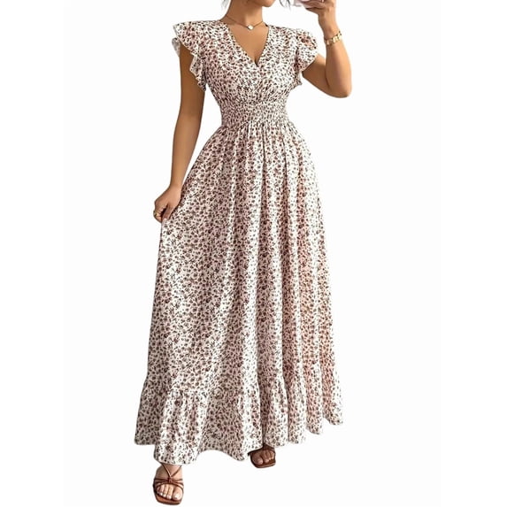 Women'S V Neck Floral Print Maxi Dress with Ruffle Sleeves and Smocked Waist Light Brown L