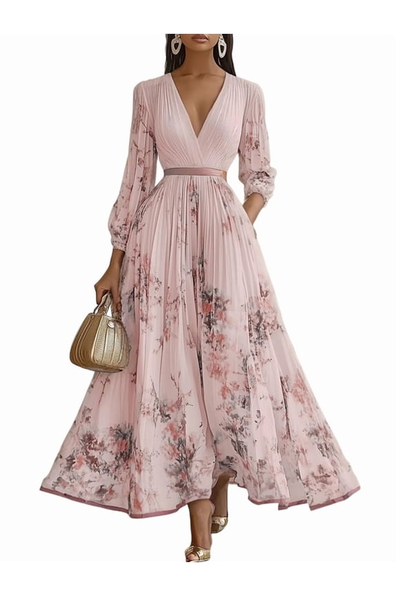 Women'S V Neck Floral Printed Pleated Dress Long Sleeve Flowy A Line Party Maxi Cocktail Dresses Pink L
