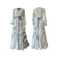 thumbnail image 1 of Women'S V Neck Floral Printed Pleated Dress Long Sleeve Flowy A Line Party Maxi Cocktail Dresses White L, 1 of 7