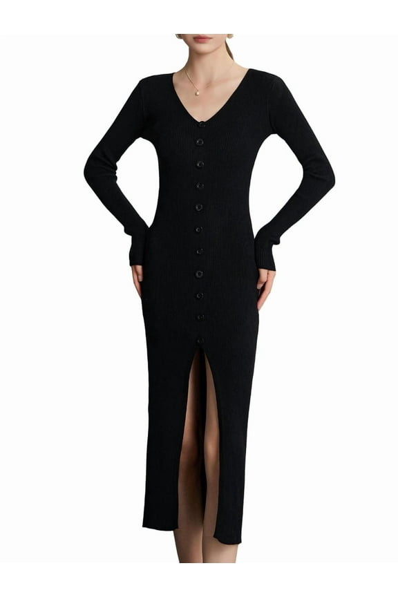 Women'S V-Neck Front Slit Rib Button Down Sweater Dress Black L
